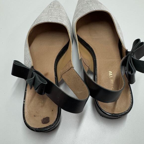 All Black Flats Womens 37.5 6.5 Black White Slingback Bow Tie Pointed Toe - Picture 4 of 7